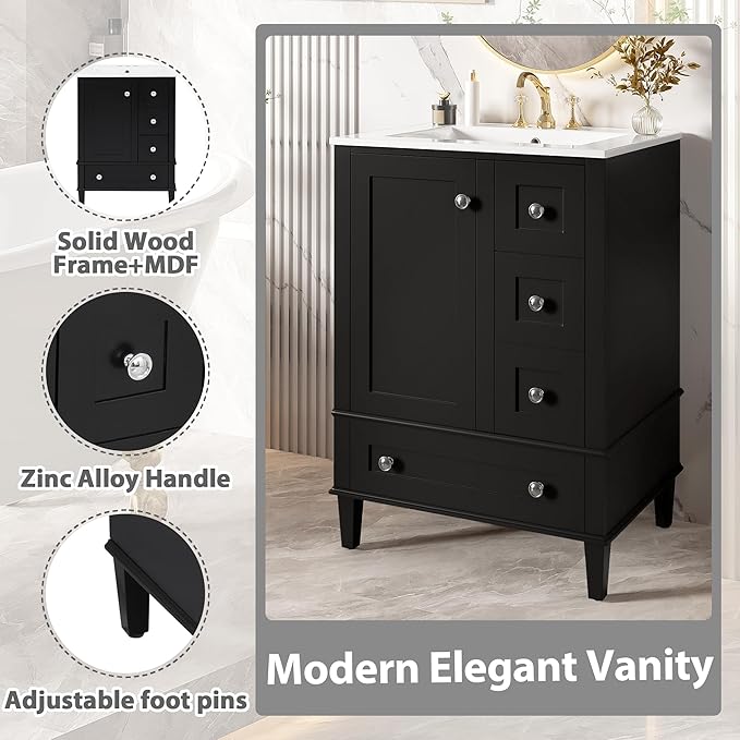Bellemave 24" Bathroom Vanity with Sink Combo Set, Solid Wood Frame Bathroom Storage Cabinet with 3 Drawers, Soft Closing Cabinet Door with Organizer, Black