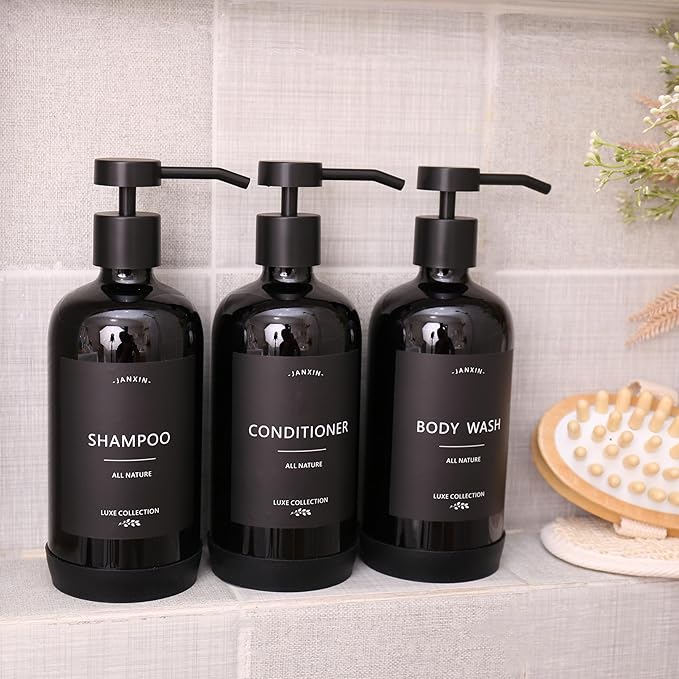 Shampoo and Conditioner Dispenser Set of 3,Refillable 21oz Shampoo Bottles with Non-Slip Protective Silicone Pad,Shower Soap Dispenser with Waterproof Labels for Bathroom (Black)