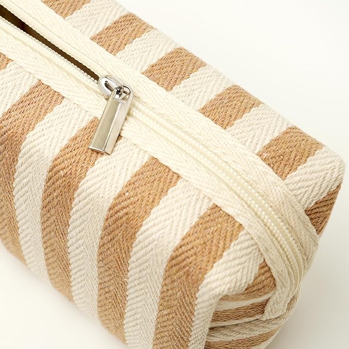 3 Pcs Makeup Bag Set Striped Canvas Purse Cosmetic Bag For Women Travel Toiletry Pouch Organizer pencil case (Orange-White)