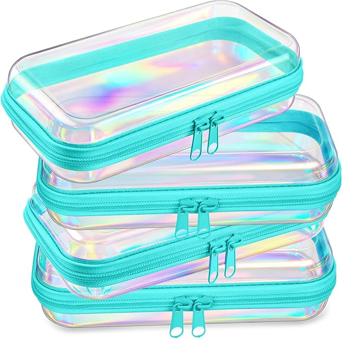 Hoolerry 4 Pcs Hard Clear Zipper Case Makeup Bags Plastic Zipper Pouch Transparent Storage Box Containers for Cosmetics, Snacks, Building Blocks, Puzzles(Clear,7.5 x 3.9 x 2 in,Blue Laser)