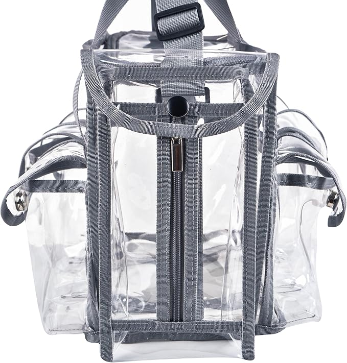 Wide Mouth Large Professional Clear PVC Travel Makeup Artist Set Bag Cosmetic Nails Beauty Bags Transparent Vinyl Tool Organizer Work Bag Beach Bags Diaper Bag with 6 External Pockets & Strap (Grey)
