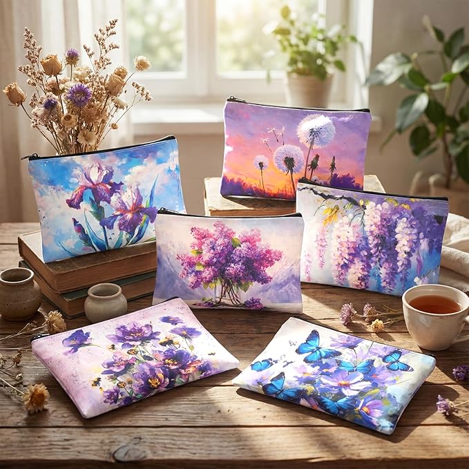 Sweetude 12 Pcs Purple Oil Painting Flowers Makeup Bag Bulk Purple Portable Travel Cosmetic Bag with Zipper Retro Floral Waterproof Roomy Travel Beauty Toiletry Organizer Storage Pouch for Women Gifts