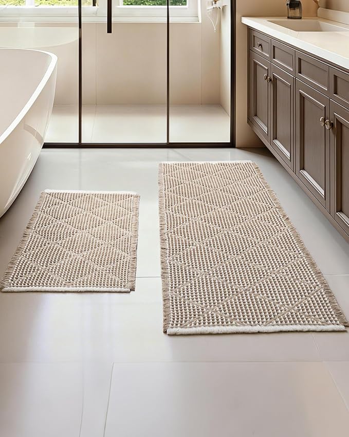 Waffle Bath Mat Set, Non Slip Bathroom Rugs Sets 2 Piece, Ultra Absorbent Long Bath Rug Runner for Bathroom Boho Chic Decor, Machine Washable Floor Mats, Brown & White, 20"×47" Plus 18"×30"