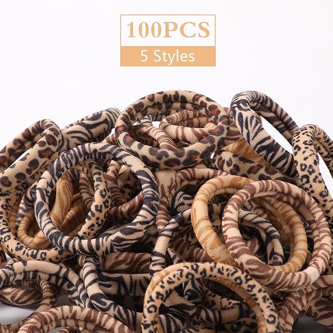 Bessrung 100PCS Seamless Elastic Hair Ties for Women Girls, No Damage Ponytail Holders for Thin Thick Hair, Leopard Animal Print Hair Bands for Women's Hair, Hair Accessories for Daily Use