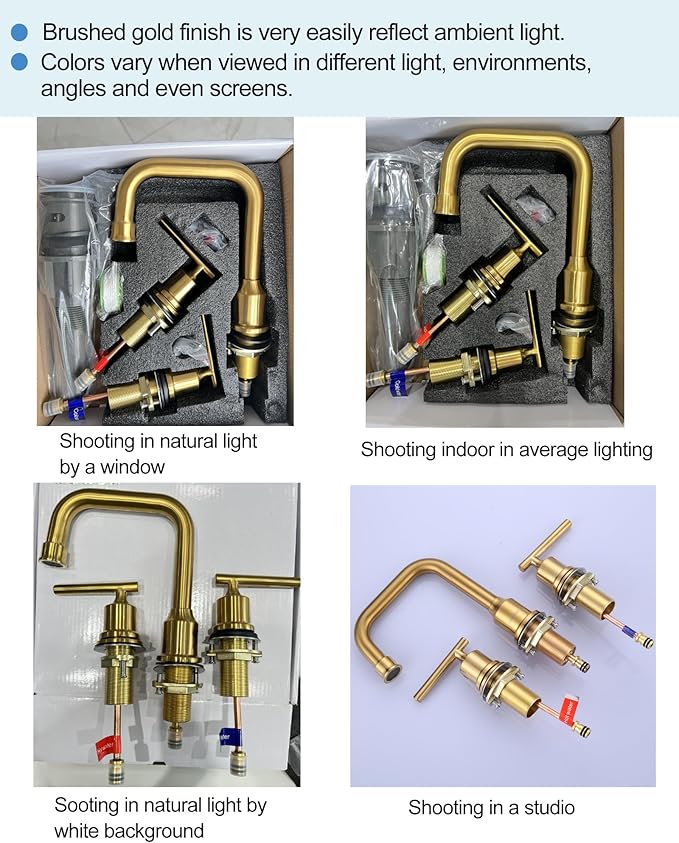WOWOW Brushed Gold Bathroom Faucet Widespread Bathroom Sink Faucet 2 Handle Lavatory Tap 3 Holes with Drain and Supply Hoses Mordern Basin Taps