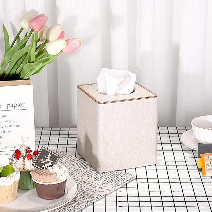 Sumnacon Square Linen Tissue Box Cover - Stylish Cube Tissue Box Holder with Magnetic Bottom, Decorative Tissue Box for Vanity Toilet Tank Dresser Night Stand Table Countertop Office Car, Beige