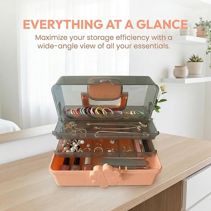 Pulseplay 3-Layer Plastic Storage Box with Handle Portable Folding Art Supply Organizer Multipurpose Case for Cosmetics,Jewelry,Sewing,Medicine,Nail,Hair Accessories