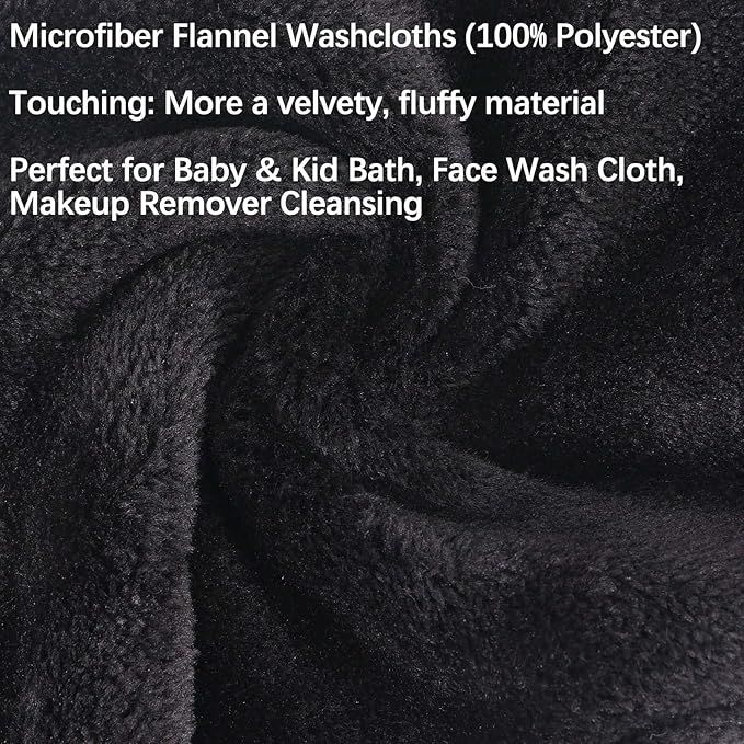 PHOGARY 6 Pack Microfiber Face Washcloths Facial Wash Mitts, 7.8"x5.1" Soft Flannel Towel for Washing Face, Reusable Makeup Remover Absorbent Easy-Dry Puffy Washcloths with Hanging Loop, Black