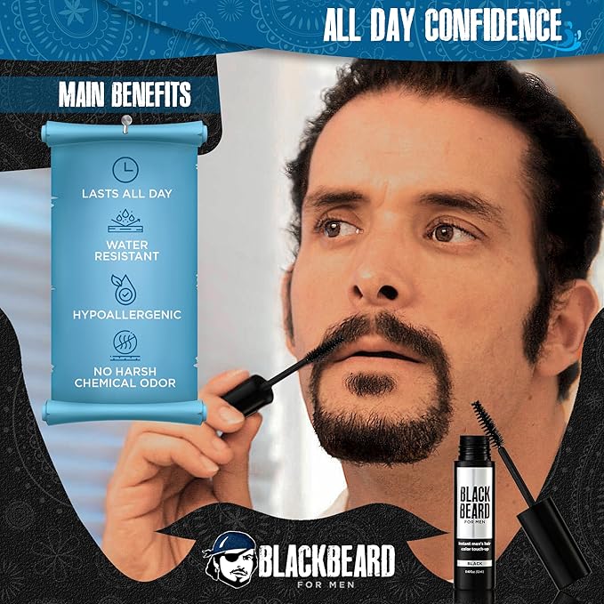 Blackbeard for Men Beard Color – 1-Day Beard, Mustache, Eyebrow, Sideburns Color – Temporary Facial Hair Tint - Hypoallergenic Beard Dye Alternative – Up to 45 applications – Black, 6 Pack