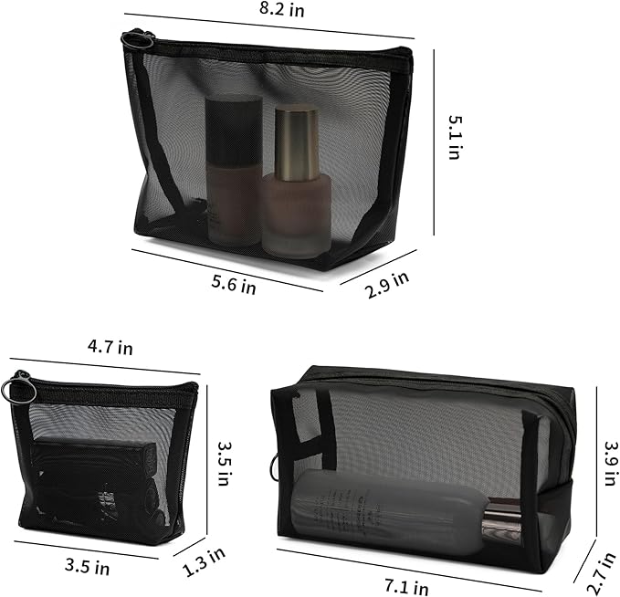 Portable Mesh Makeup Bag with Zipper Small Travel Toiletry Bag Lightweight Cosmetic Pouch (Black 3 Piece Set)