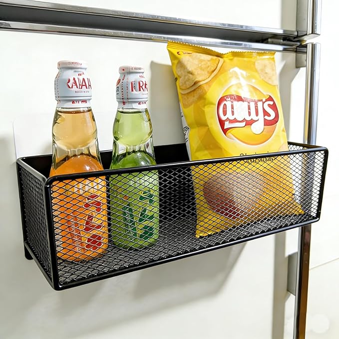 Magnetic Basket Organizer Holder for Fridge，Magnetic Shelf for Washing Machine， Magnetic Mesh Basket, Black Rectangular Steel Shelf Organizer, 10.43 x 4.92 x 3.15 Inches (Black , 2pack)