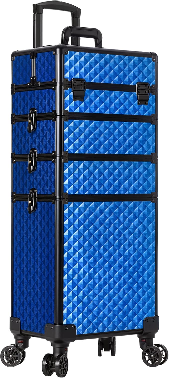 AROUS Rolling Makeup Train Case 4 in 1 Cosmetology Case on Wheels Large Storage Cosmetic Trolley with Key Salon Barber Traveling Cart Trunk, Blue