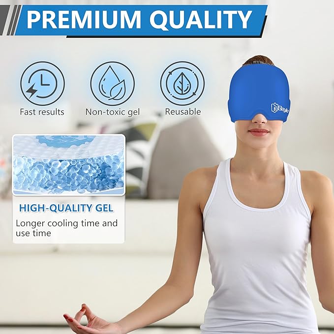 Migraine Relief Cap, All Around Gel Covered Reusable Headache Relief Cap, Black Migraine Cap for Headache Relief, Puffy Eyes (Dark Blue)