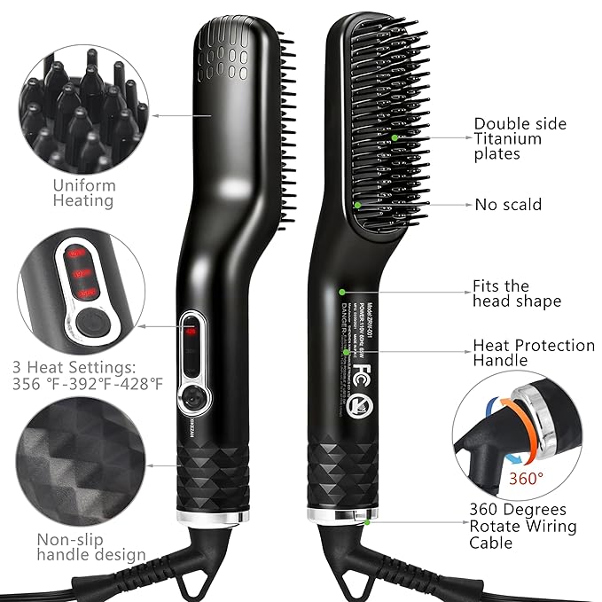 Beard Straightener for Men,Premium Heated Beard Brush Kit w/Dual Voltage Travel-Friendly,Auto Shut-Off,Anti-Scald Feature,Dual Action Hair Comb for All Beard Types,Grooming Gifts Set for Men Him