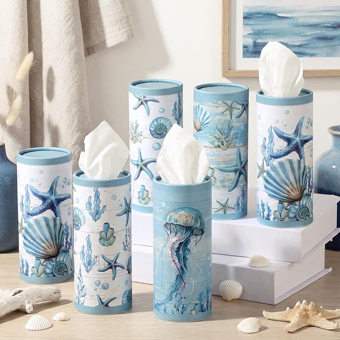 12 Pack Summer Ocean Car Tissue Cylinder Holder Bulk with 3 Ply Facial Tissues Starfish Round Napkin Holders for Cup Holder Cylinder Colorful Travel Paper Tubes Bulk Napkin Boxes Packs
