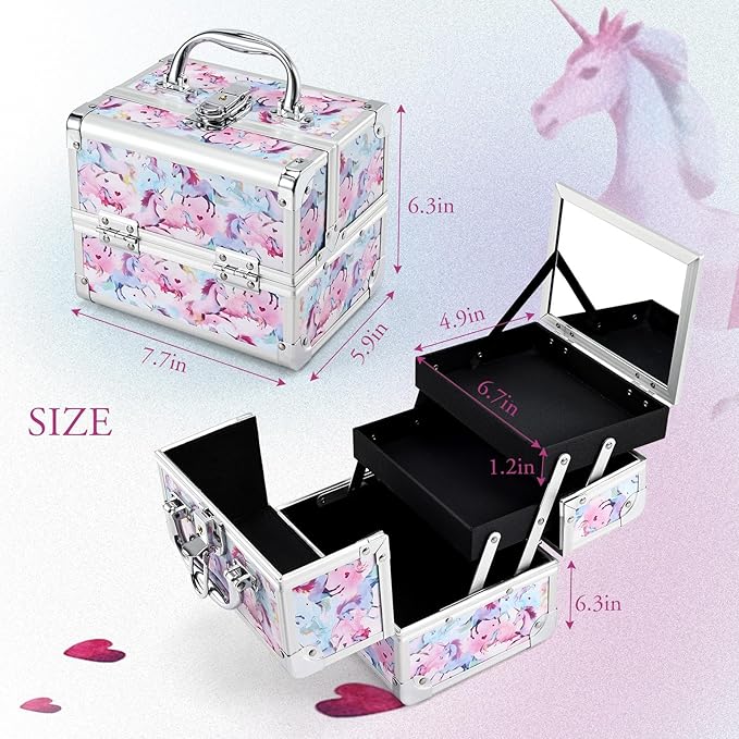 Joligrace Makeup Case for Girls Cosmetic Train Case Makeup Storage Box Jewelry Organizer Hair Accessories Lockable with Trays & Mirror Kids Gift Coloful Pink Unicorn