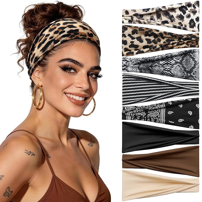 Headbands for Women, 8 Pack Non-Slip Moisture Wicking Sports Wide Head Bands, Stretchy Elastic Fabric, Multiple Colors Securing Hair for Fashion, Sports, Yoga, Running, Daily Life