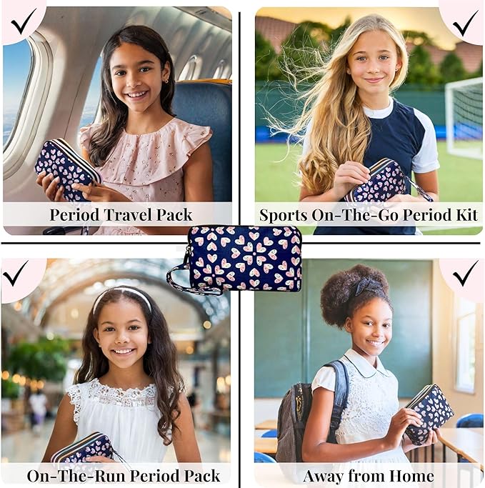 Mark and Lola's First Period Pal Pack to-Go Kit | 24 pcs | First Period Kit for Tweens | Teen Period Kit| Discrete Period Bag, Pads, Panty Liners, Period Kits for Tweens 10-12 (Hearts)