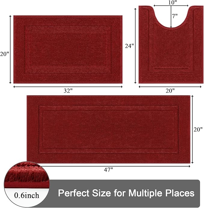 SHACOS Red Christmas Bathroom Rugs Sets 3 Piece, 20"x32" + 20"x47" Non Slip Bath Mat and 20"x24" Toilet Rugs U Shaped Washable, Soft Fluffy Water Absorbent Bathroom Floor Mat