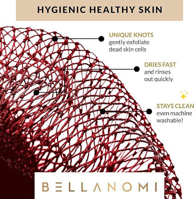Bellanomi African Exfoliating Net Sponge, Authentic, Ethically sourced from Nigeria, 45 inches Long, Back Scrubber for Daily use (Red)