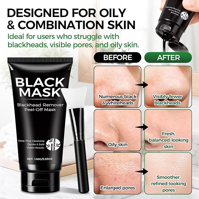 Blackhead Remover Mask Kit, 100ml Charcoal Peel Off Face Mask for Men & Women, Facial Mask Deep Cleansing for Face Nose Blackhead Pores Acne, for Oily & Combination Skin