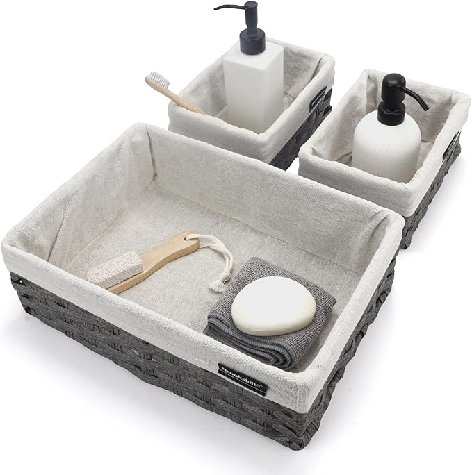 Brookstone Wicker Shelf Storage Basket Decorative Shelf Bin, bathroom organizers and storage, Boho Living Room Decor, Summer Storage 2025-3 Piece Set