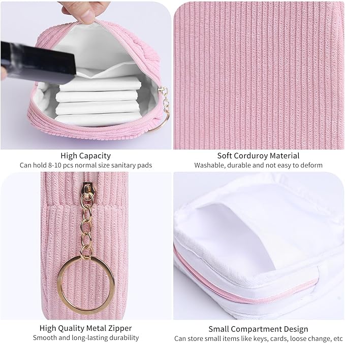 Sanitary Napkin Storage Bag, Preppy Corduroy Period Bag for Women, Cute Portable Period Pouch with Zipper, Sanitary Pads Bag Tampons Holder for Purse, First Period for Women Ladies