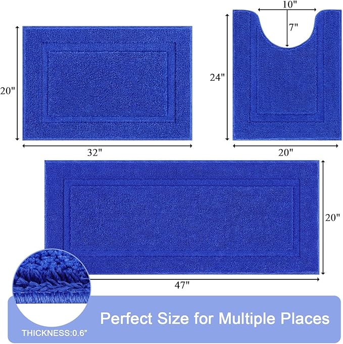 SHACOS Soft Fluffy Bathroom Runner Rugs Set of 3 Bath Mats with U Shape Toilet Rugs Non Slip Washable Bath Rugs Absorbent Bathroom Carpet for Shower Tub, Royal Blue