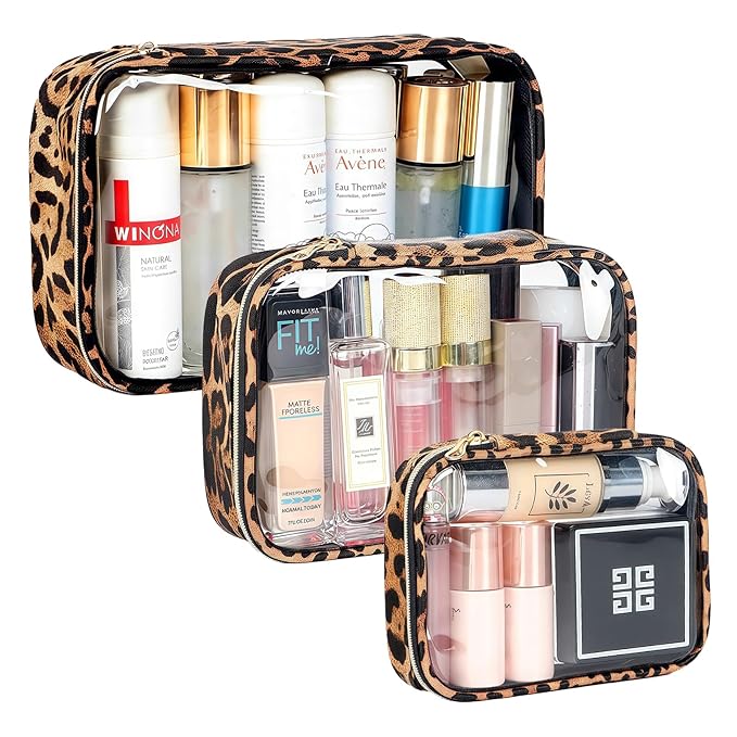 Clear Makeup Bags with Zipper, TSA Approved Travel Toiletry Bag, 3-Pack (Large, Small & Mini) Clear Cosmetic Bag, Waterproof Make Up Bag for Women, Car Bag Organizer & Car Organization Essentials