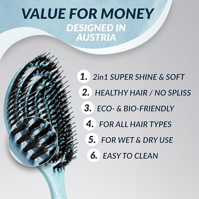 marQus Detangle Boar Brush Women and Men, Exclusive Ultra-soft bending Bristles and Body - Glide Through Tangles With Ease For All Hair Types - Women, Men, Wet And Dry Hair, 1pcs Blue Brush