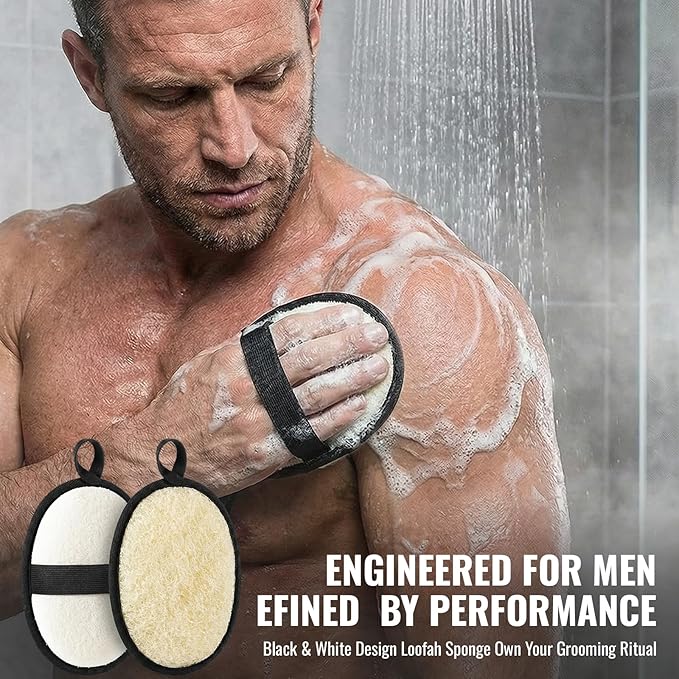 Natural Loofah for Men, 2PCS Black & White Set Egyptian Luffa Body Scrubber for Shower & Bath, Quick-Drying Exfoliating Sponge Pad for Men's Hygiene & Body Care - Travel Essentials & Gym Tool