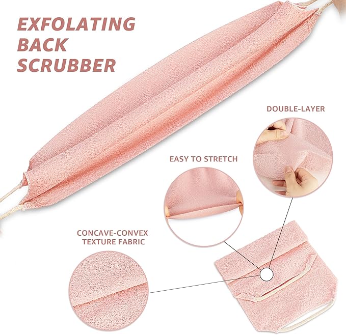 Extended Exfoliating Back Scrubber with Handles, Nylon Cleaning Exfoliator Washcloth for Body, Stretchable Pull Strap Soft Quick-Drying Rough Scrub Towel, Pink