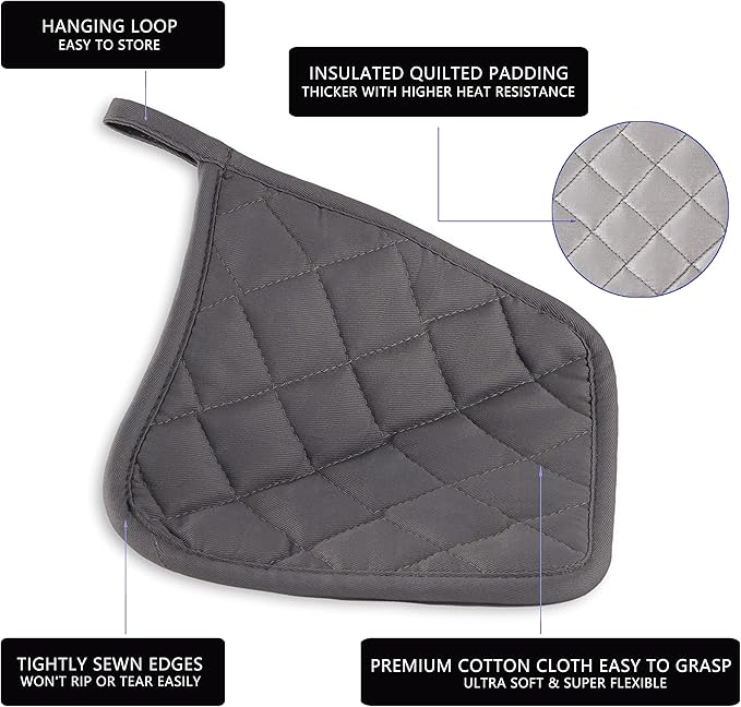 Kitchen Pot Holders Set Heat Resistant Pure Cotton Potholders Kit Trivets Large Coasters Hot Pads Terry Pot Holders for Everyday Cooking and Baking by 7 x 7 Inch Set of 6 Grey