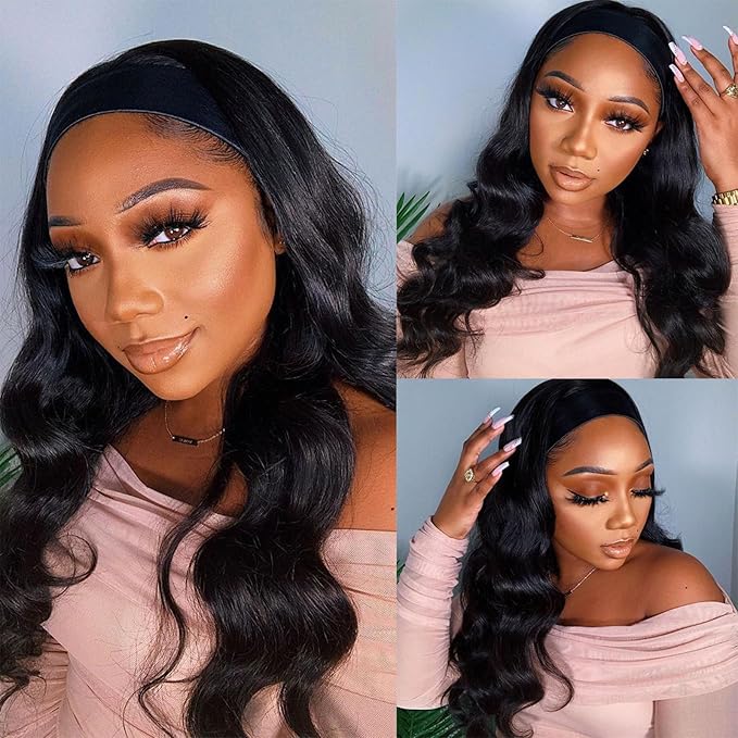 xccoco Black HeadBand Wigs for Women Long Wavy Headband Wigs 24inch Put On and Go Glueless Half Wig Loose Wave Synthetic Long Wigs for Women 200% Density