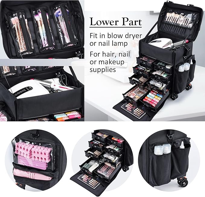 Stagiant Professional Rolling Makeup Case Soft Sided Cosmetology Organizer Wheeled Nylon Train Case Portable Travel Supply Station for Makeup Artist Nail Technician Hair Stylist Crafters
