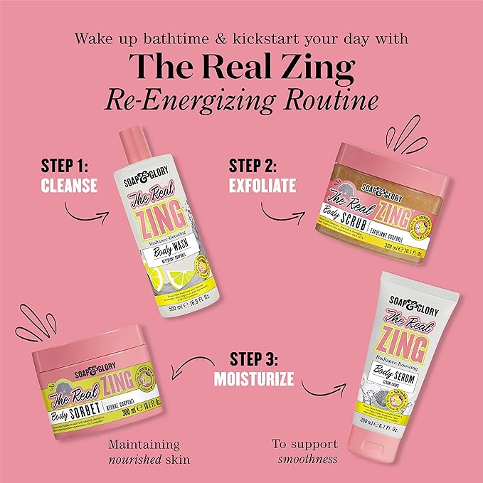 Soap & Glory The Real Zing Body Scrub - Smoothing & Buffing Sugar Scrub - Lemon Citrus Scented Body Polish - Skin Brightening Sea Salt Scrub (300ml)