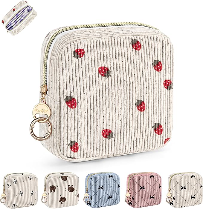 Cute Period Bag for Teen Girls, Corduroy Sanitary Napkin Storage Bag, Menstrual Pad Pouch Tampon Holder for Purse (Strawberry)