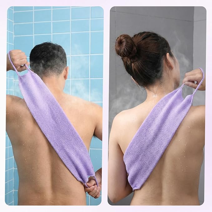 4PCS Exfoliating Back Scrubber with Handles, Double-Sided Nylon Exfoliating Washcloth Extended Length Exfoliator Stretchy Pull Strap Back Washer Body Exfoliatin Washcloth for Women Men