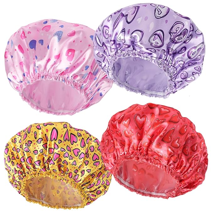 4 PCS Shower Cap for Women, Elastic and Reusable Bath Caps, Double Layers Shower Caps Reusable Waterproof, Bathing Shower Caps, Environmental Bath Hair Protection Cap - Heart
