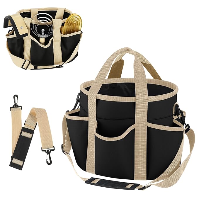 Abbylike Grooming Tote Bag for Horses and Dogs Organize Tack Tools Equestrian Grooming Kit Care Portable with Multiple Pockets for Supplies (Stylish,10.63 x 10.63 x 9.45 Inch,Khaki and Black)