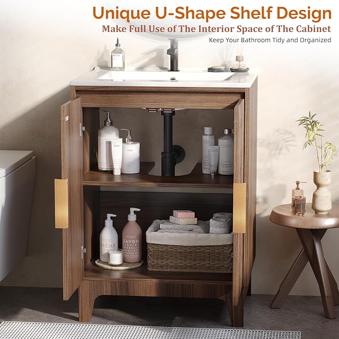 VINGLI 24 Inch Bathroom Vanity with Sink, Mid-Century Modern Vanity with Ceramic Basin and Fluted Soft-Close Doors, U-Shape Storage Shelf,Free Standing Small Bathroom Sink Cabinet Combo Set,Walnut