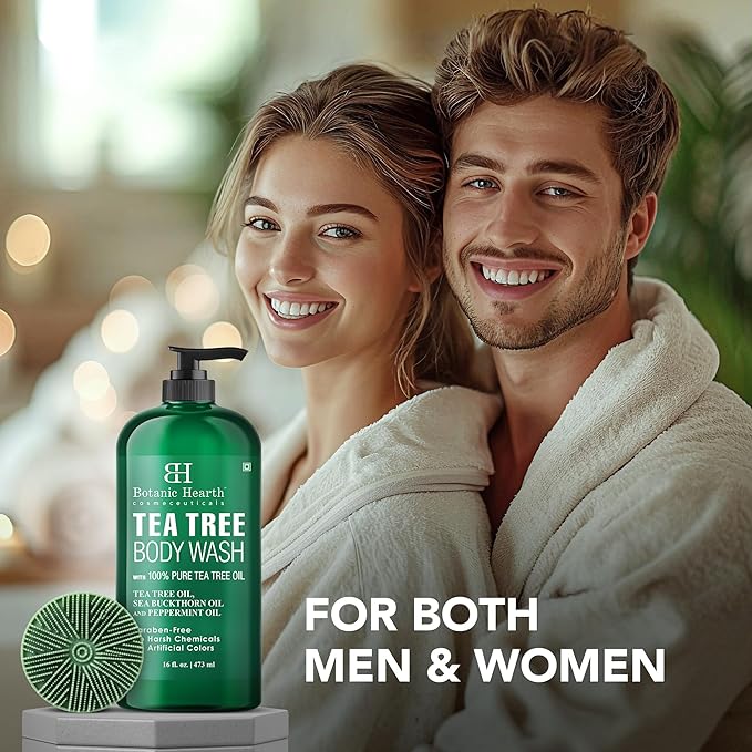 Botanic Hearth Tea Tree Body Wash with Silicone Dual-Sided Design Body Brush & Scrubber | Infused with 100% Pure Tea Tree Oil, Coconut, Jojoba |Foot & Body Cleanser | Paraben Free |16 fl oz