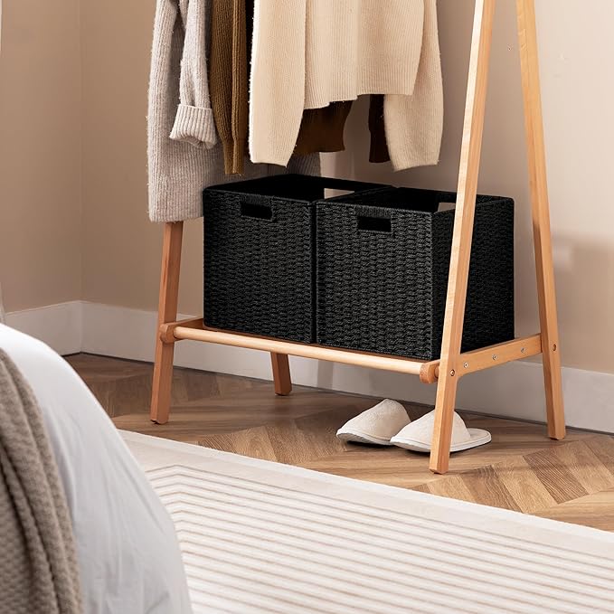 UBBCARE 3 Pack Wicker Basket, 11L×11H×10.5W inch Woven Paper Rope Storage Baskets for shelves, Foldable Cube Storage bin with Handle, Storage Basket for Organizing & Decor, Black