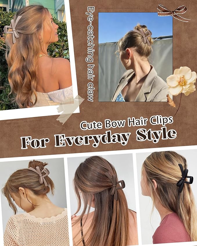 Mesovor 4 Pack Cute Bow Claw Clips, Nonslip 4.92" Large Matte Strong Hold Bows Hair Clips for Thin and Thick Hair | Chic Hairclips for Holidays or Everyday Hairstyle (Neutral Matte)