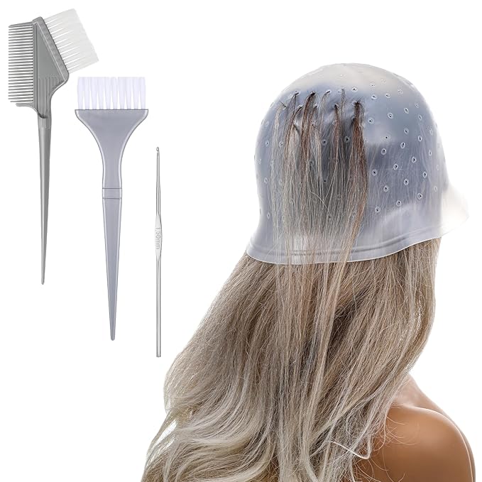 TIESOME 1 Set Silicone Highlighting Cap, Reusable Punched Hair Cap with 1 Needle Hooks & 2 Needle Brushes, Salon Hairdressing Dyeing Tool for Women Men, Easy Pull Through for Highlights
