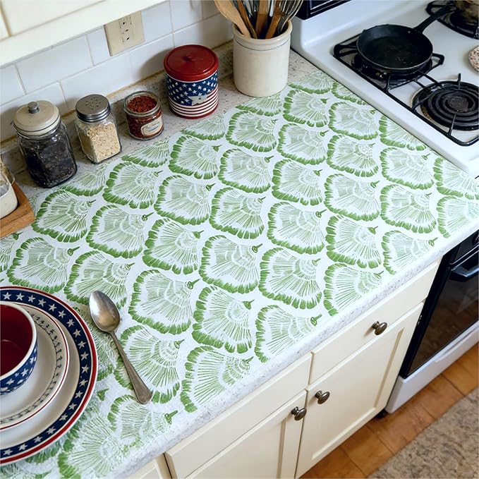 Shelf and Drawer Liner, 12in x 10FT Double Layer PVC Non-Adhesive Non-Slip Waterproof, Green Leaf for Kitchen Cabinets, Pantry, Bathroom, Dresser with Knife and Tape Measure