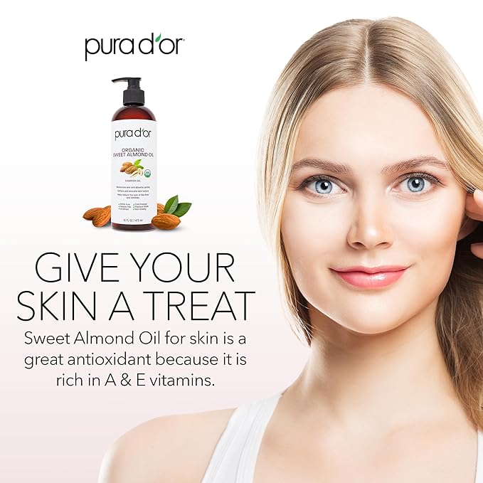 PURA D'OR 16 Oz ORGANIC Sweet Almond Oil - 100% Pure & Natural USDA Certified Cold Pressed Carrier Oil For DIY Beauty - Non-Greasy, Unscented, Hexane Free Moisturizer - Massage Oil For Hair & Skin | ORGANIC, 100% Pure, Natural, USDA Certified, Cold Pre...