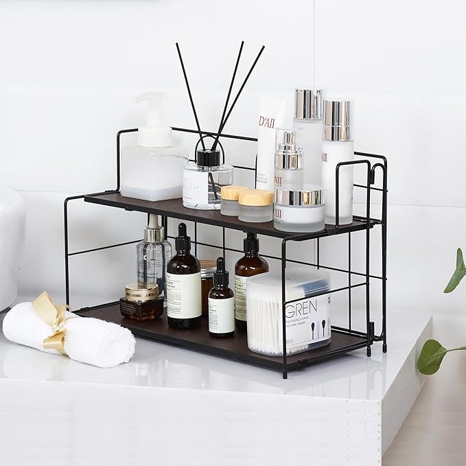 Bathroom Counter Organizer 10s Tool-Free Install, 2 Tier Bathroom Organizers and Storage, Collapsible Bathroom Organizer Countertop, Wood Bathroom Kitchen Countertop Organizer, Black
