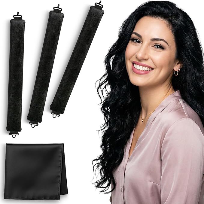 Overnight Blowout Rods | Heatless Curls for Long or Short Hair Rollers Blow Out Curling Rod No Heat Flexi Foam Tubes Silk Satin Velvet Soft Curlers to Sleep In Tools Set by VISOFO (Black, 3 Set)