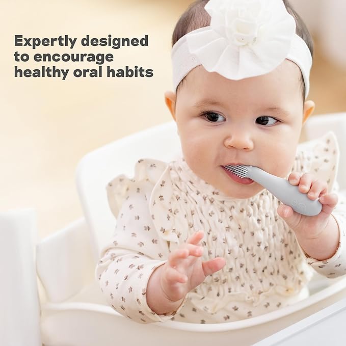 ezpz Baby-Led Toothbrush (Blush) - 3 Months + - 100% Silicone Infant Toothbrush with Sensory Bumps - Cleans Gums + New Teeth - Improves Hand-to-Mouth Coordination, Self-Feeding Skills